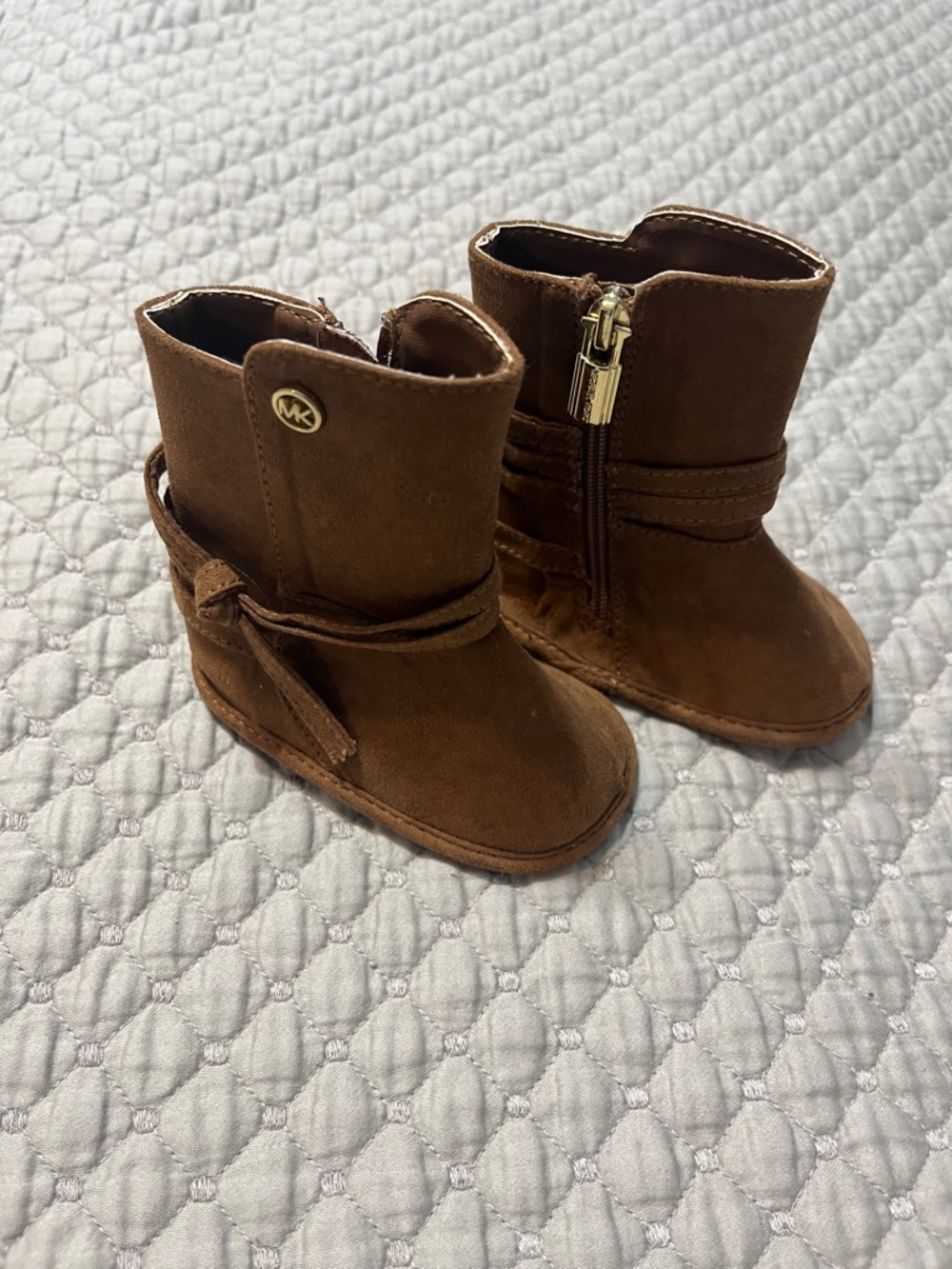 Michael Kors Kids Brown Suede Zip Booties with Strap Detail